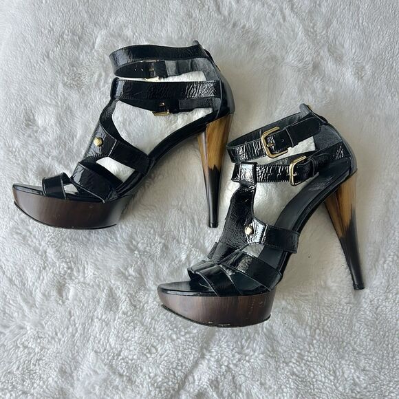 STUART WEITZMAN BLACK PATENT GLADIATOR PLATFORM SANDALS SZ 8 - Picture 6 of 6